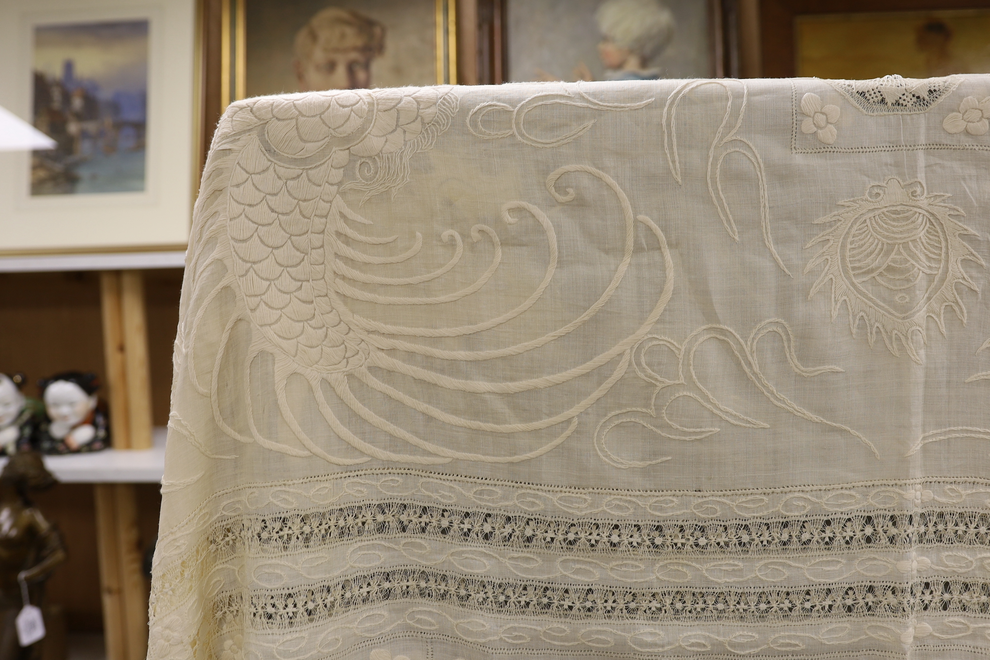 A 20th century Chinese dragon embroidered and drawn thread worked fine linen table cloth, 194cm x 240cm